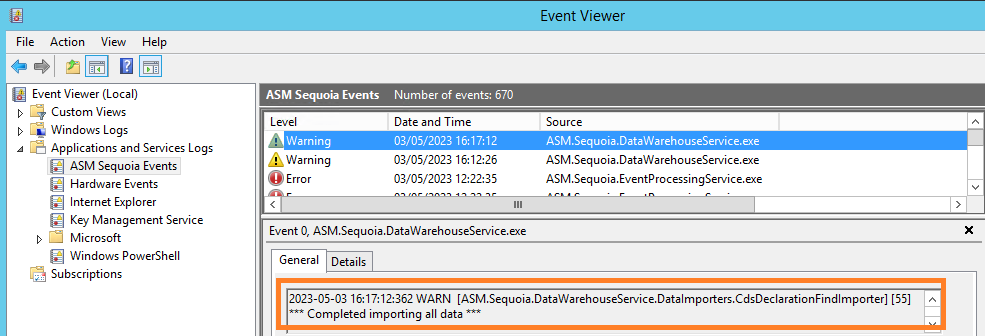 Event Viewer showing process completed warning