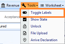 Image highlighting the Toggle Labels option within the Tools menu drop-down list
