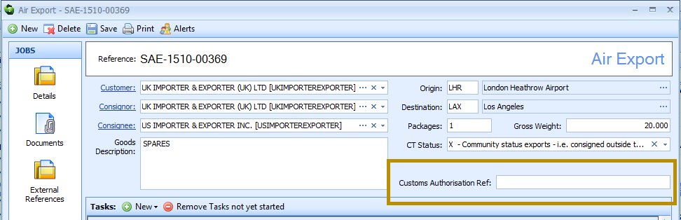 Store a Customs Authorisation Reference
