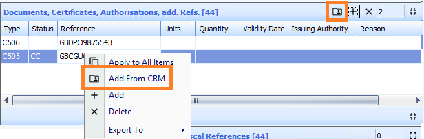 Toolbar button with a folder icon together with a context menu showing the Add to CRM option