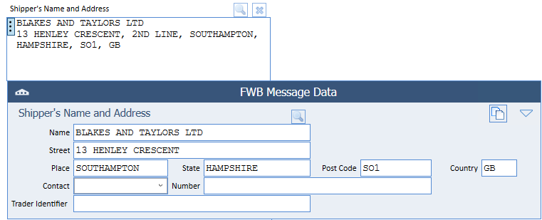 Shipper's Name and Address FWB Data